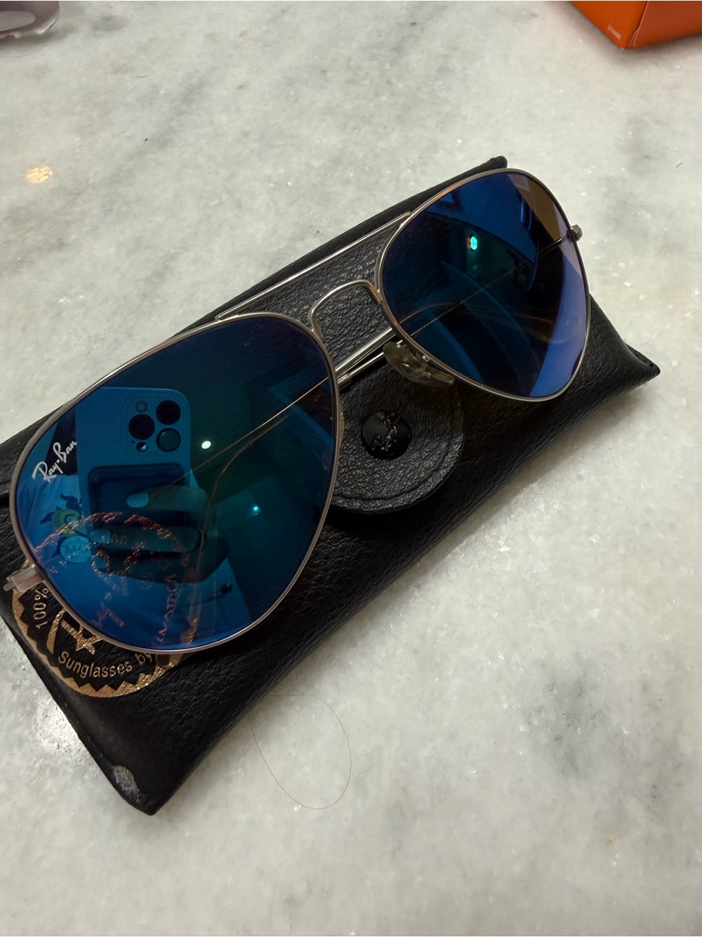 Ray-Ban Gold Frame Sunglasses with Blue Mirrored Lenses